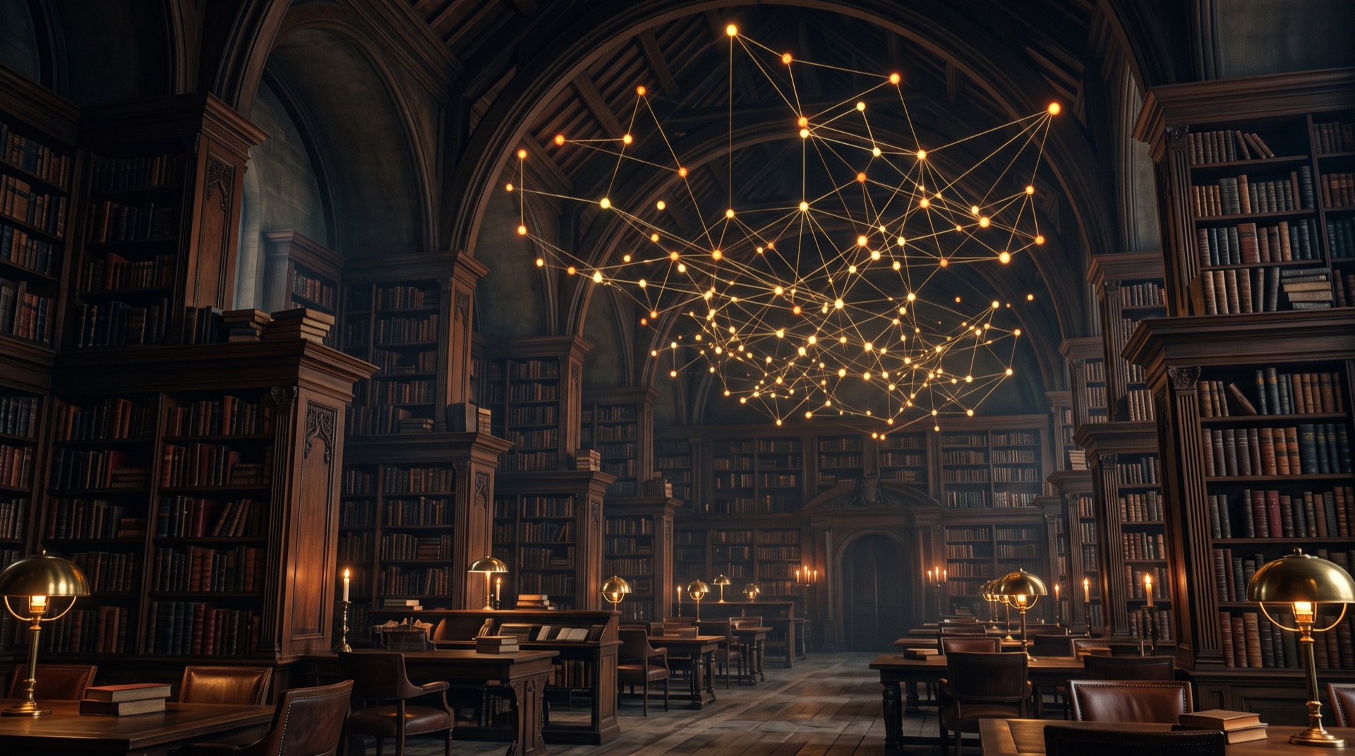 A vast dark library whose shelves dissolve into a glowing graph constellation